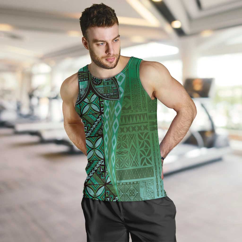 Samoan Pacific Tribal Flower Geometric Art Tattoos Men Tank Top Siapo Pattern Emerald Glow - Polynesian Pride
