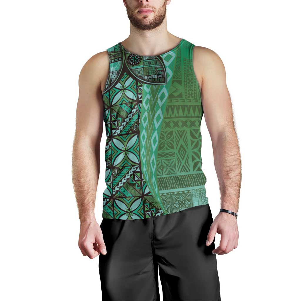 Samoan Pacific Tribal Flower Geometric Art Tattoos Men Tank Top Siapo Pattern Emerald Glow - Polynesian Pride