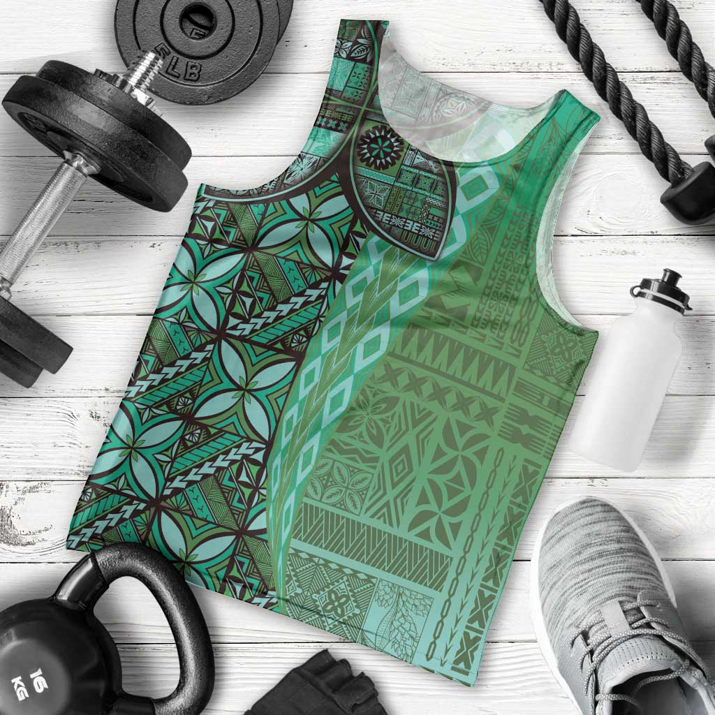 Samoan Pacific Tribal Flower Geometric Art Tattoos Men Tank Top Siapo Pattern Emerald Glow - Polynesian Pride