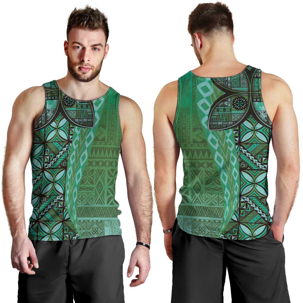 Samoan Pacific Tribal Flower Geometric Art Tattoos Men Tank Top Siapo Pattern Emerald Glow - Polynesian Pride