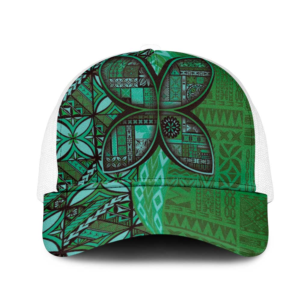 Samoan Pacific Tribal Flower Geometric Art Tattoos Mesh Trucker Cap Siapo Pattern Emerald Glow - Polynesian Pride