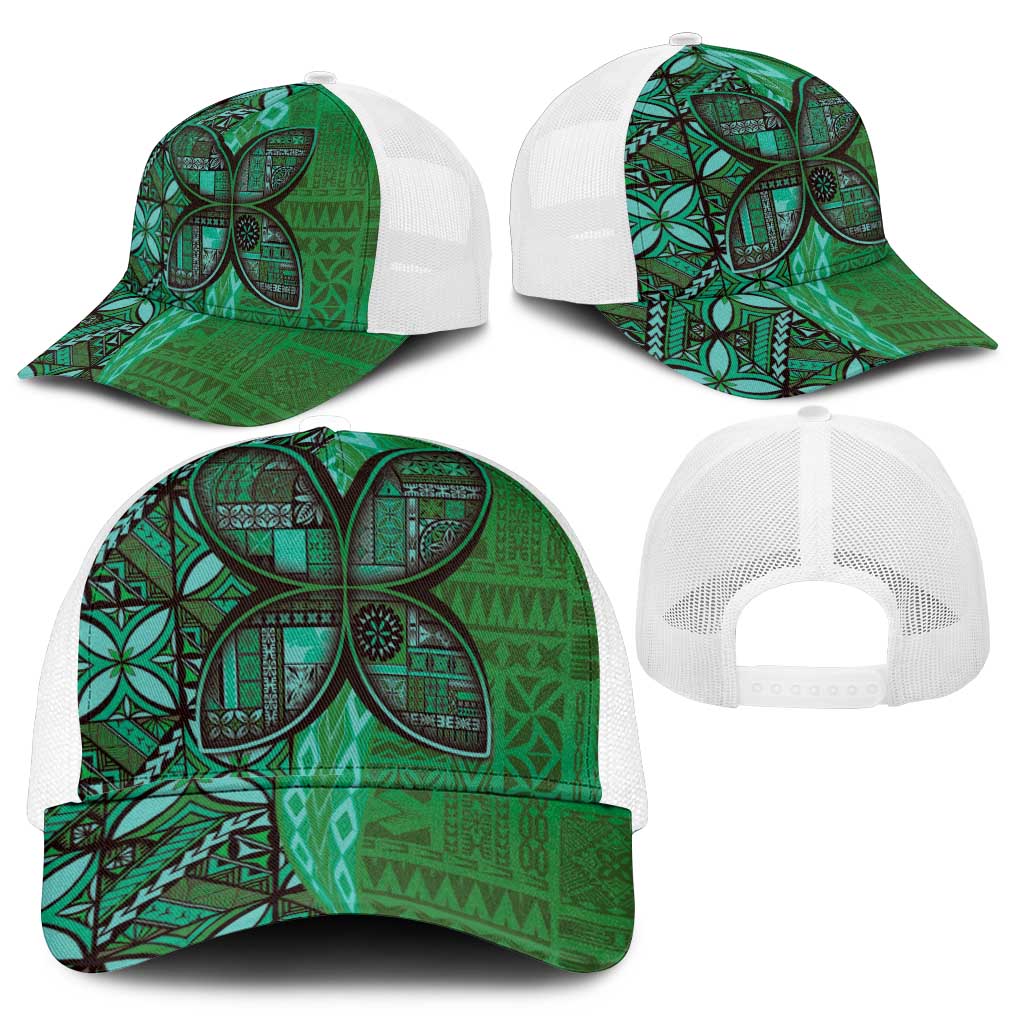 Samoan Pacific Tribal Flower Geometric Art Tattoos Mesh Trucker Cap Siapo Pattern Emerald Glow - Polynesian Pride