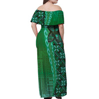 Samoan Pacific Tribal Flower Geometric Art Tattoos Off Shoulder Maxi Dress Siapo Pattern Emerald Glow - Polynesian Pride