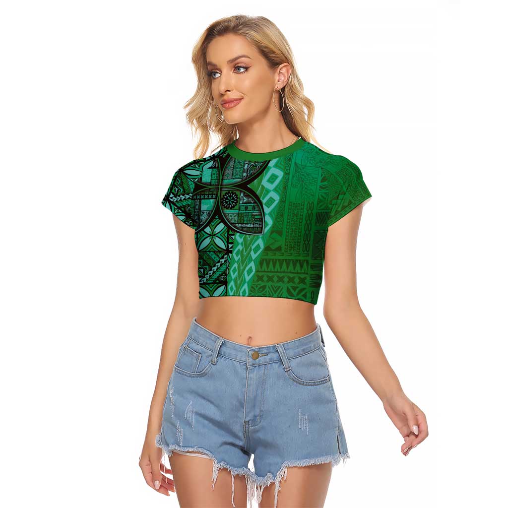 Samoan Pacific Tribal Flower Geometric Art Tattoos Raglan Cropped T Shirt Siapo Pattern Emerald Glow LT03 Female Green - Polynesian Pride
