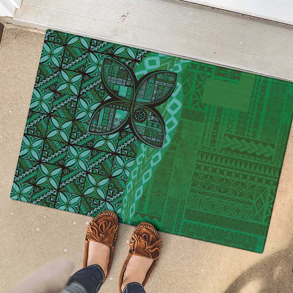 Samoan Pacific Tribal Flower Geometric Art Tattoos Rubber Doormat Siapo Pattern Emerald Glow - Polynesian Pride