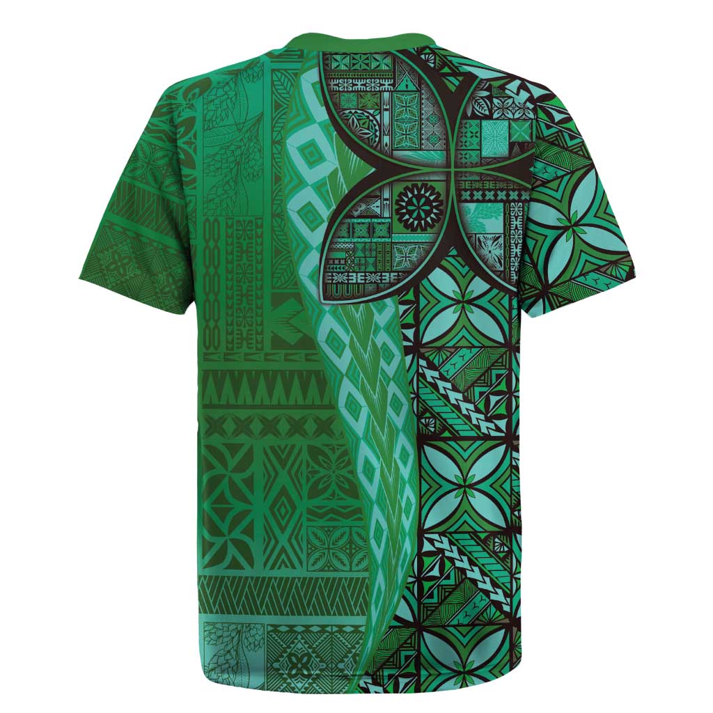Samoan Pacific Tribal Flower Geometric Art Tattoos Rugby Jersey Siapo Pattern Emerald Glow - Polynesian Pride