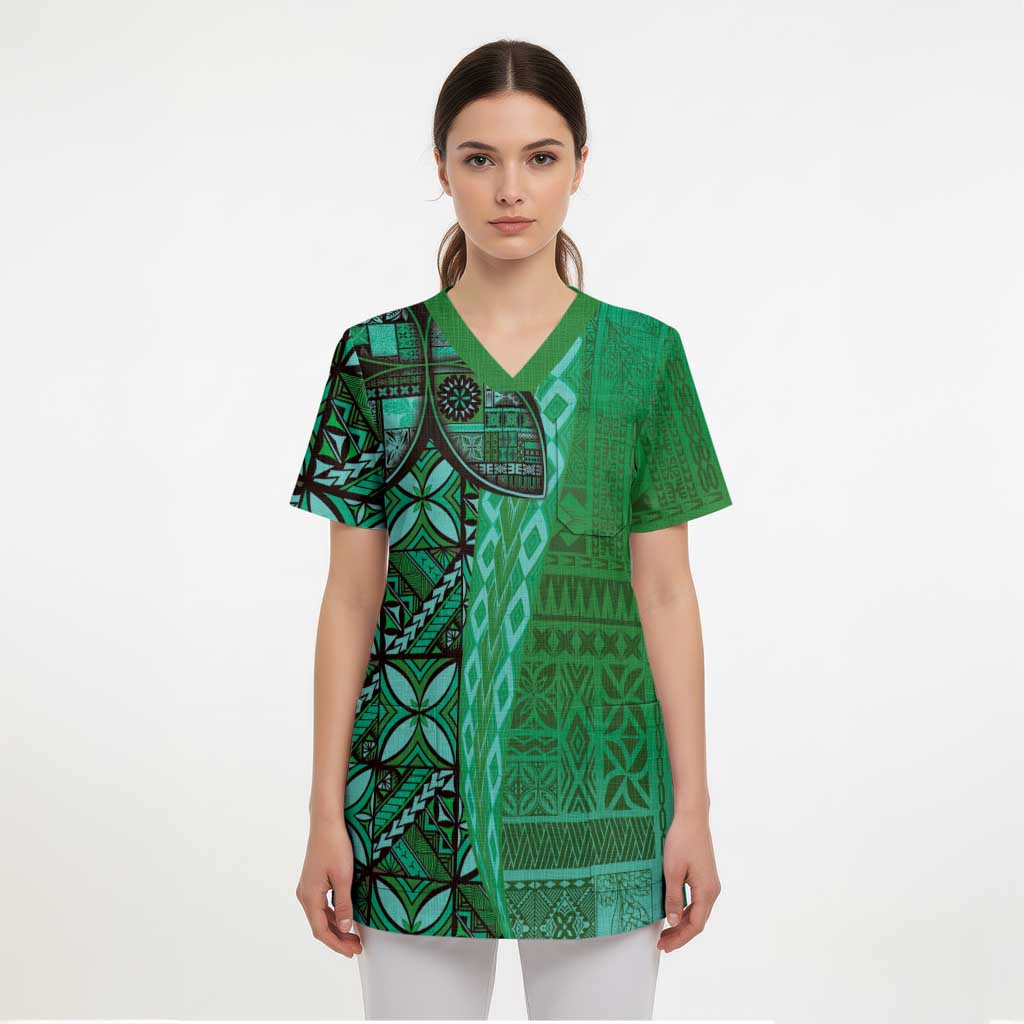 Samoan Pacific Tribal Flower Geometric Art Tattoos Scrub Top Siapo Pattern Emerald Glow - Polynesian Pride