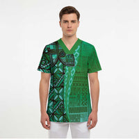 Samoan Pacific Tribal Flower Geometric Art Tattoos Scrub Top Siapo Pattern Emerald Glow - Polynesian Pride