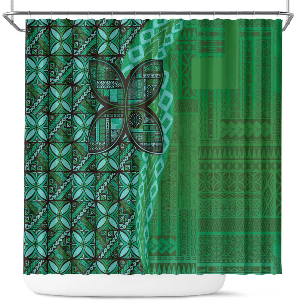 Samoan Pacific Tribal Flower Geometric Art Tattoos Shower Curtain Siapo Pattern Emerald Glow LT03 Green - Polynesian Pride