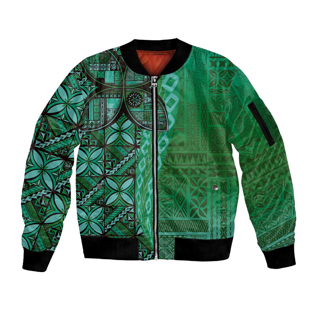 Samoan Pacific Tribal Flower Geometric Art Tattoos Sleeve Zip Bomber Jacket Siapo Pattern Emerald Glow LT03 Unisex Green - Polynesian Pride