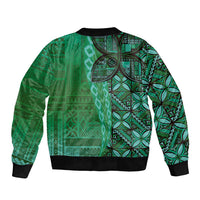 Samoan Pacific Tribal Flower Geometric Art Tattoos Sleeve Zip Bomber Jacket Siapo Pattern Emerald Glow - Polynesian Pride