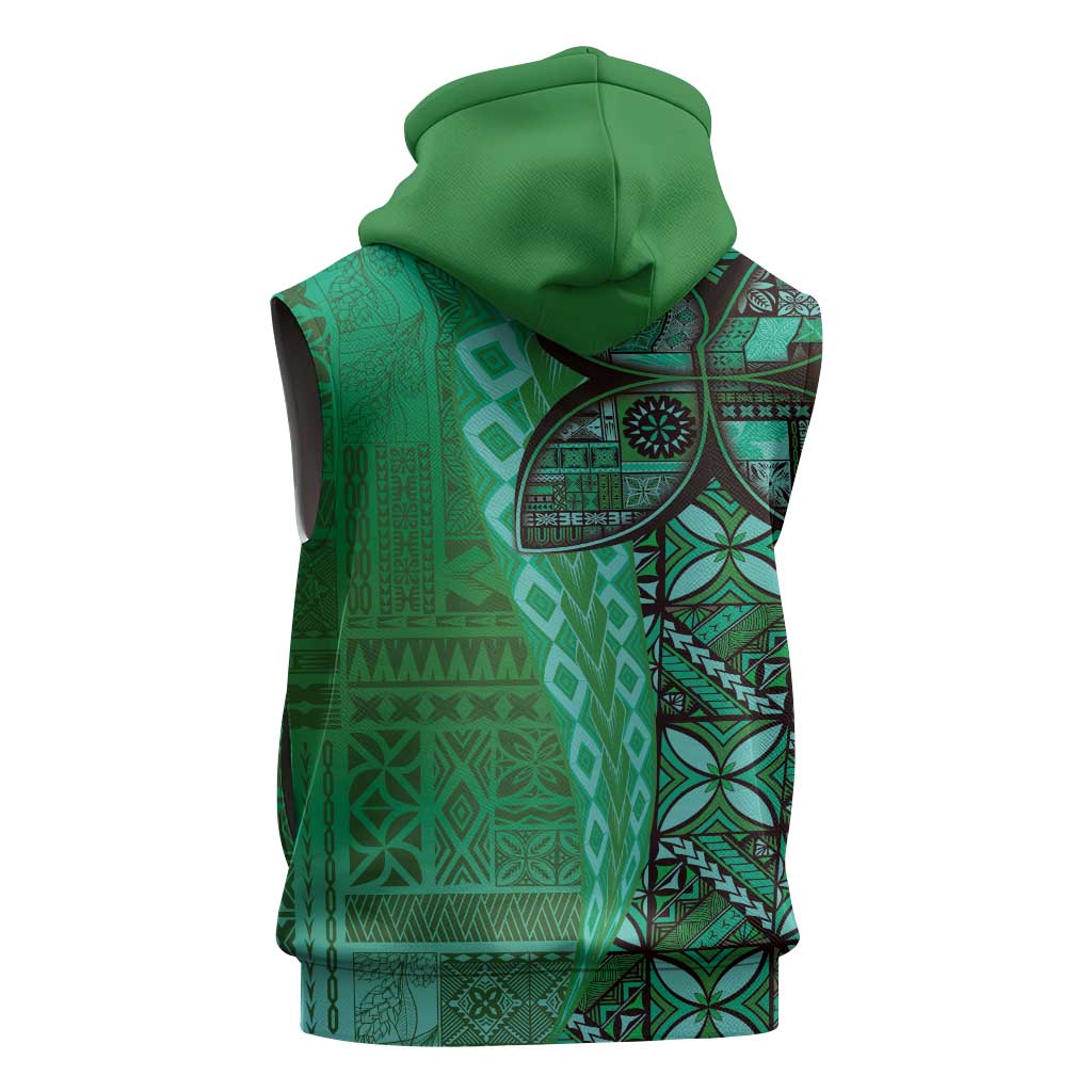 Samoan Pacific Tribal Flower Geometric Art Tattoos Sleeveless Hoodie Siapo Pattern Emerald Glow LT03 - Polynesian Pride