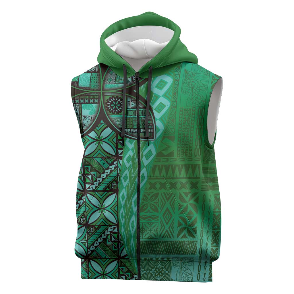 Samoan Pacific Tribal Flower Geometric Art Tattoos Sleeveless Zip Hoodie Siapo Pattern Emerald Glow LT03 Green - Polynesian Pride