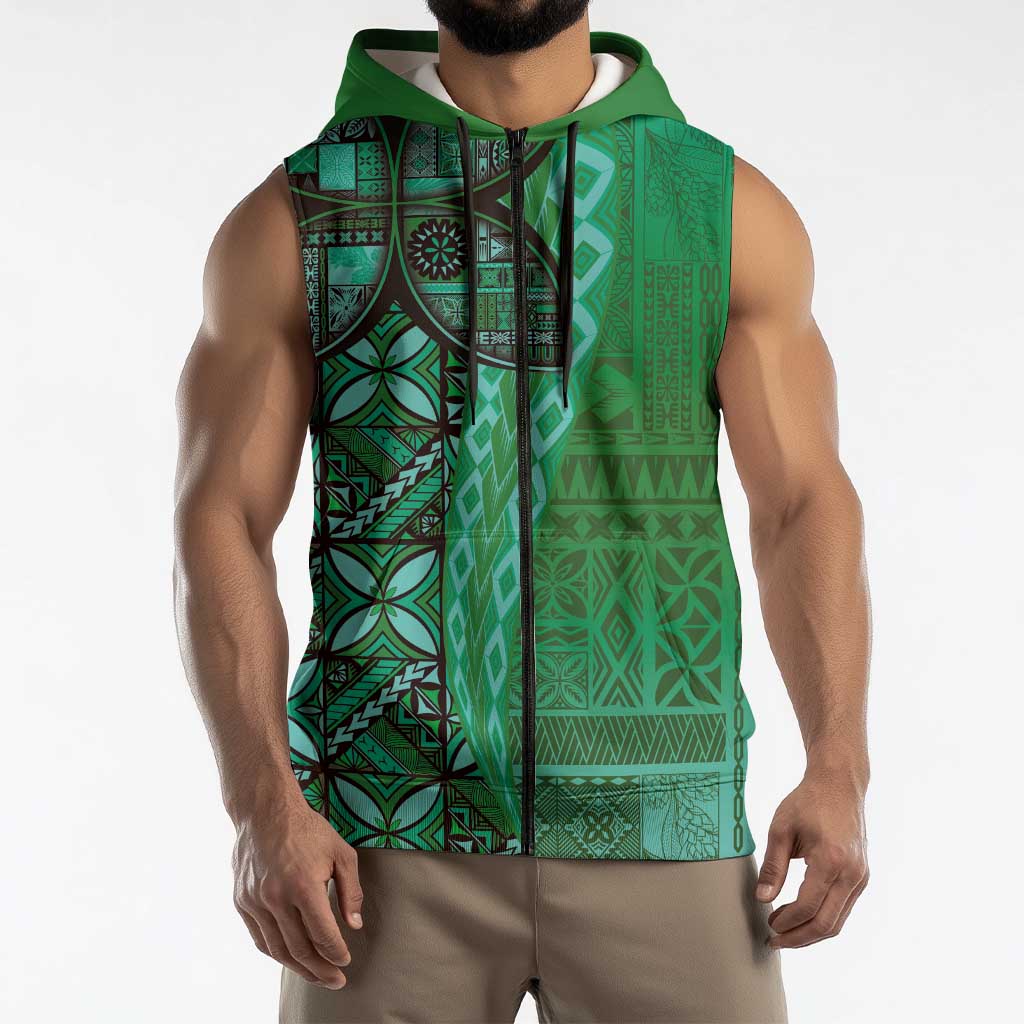 Samoan Pacific Tribal Flower Geometric Art Tattoos Sleeveless Zip Hoodie Siapo Pattern Emerald Glow LT03 - Polynesian Pride