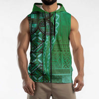 Samoan Pacific Tribal Flower Geometric Art Tattoos Sleeveless Zip Hoodie Siapo Pattern Emerald Glow LT03 - Polynesian Pride