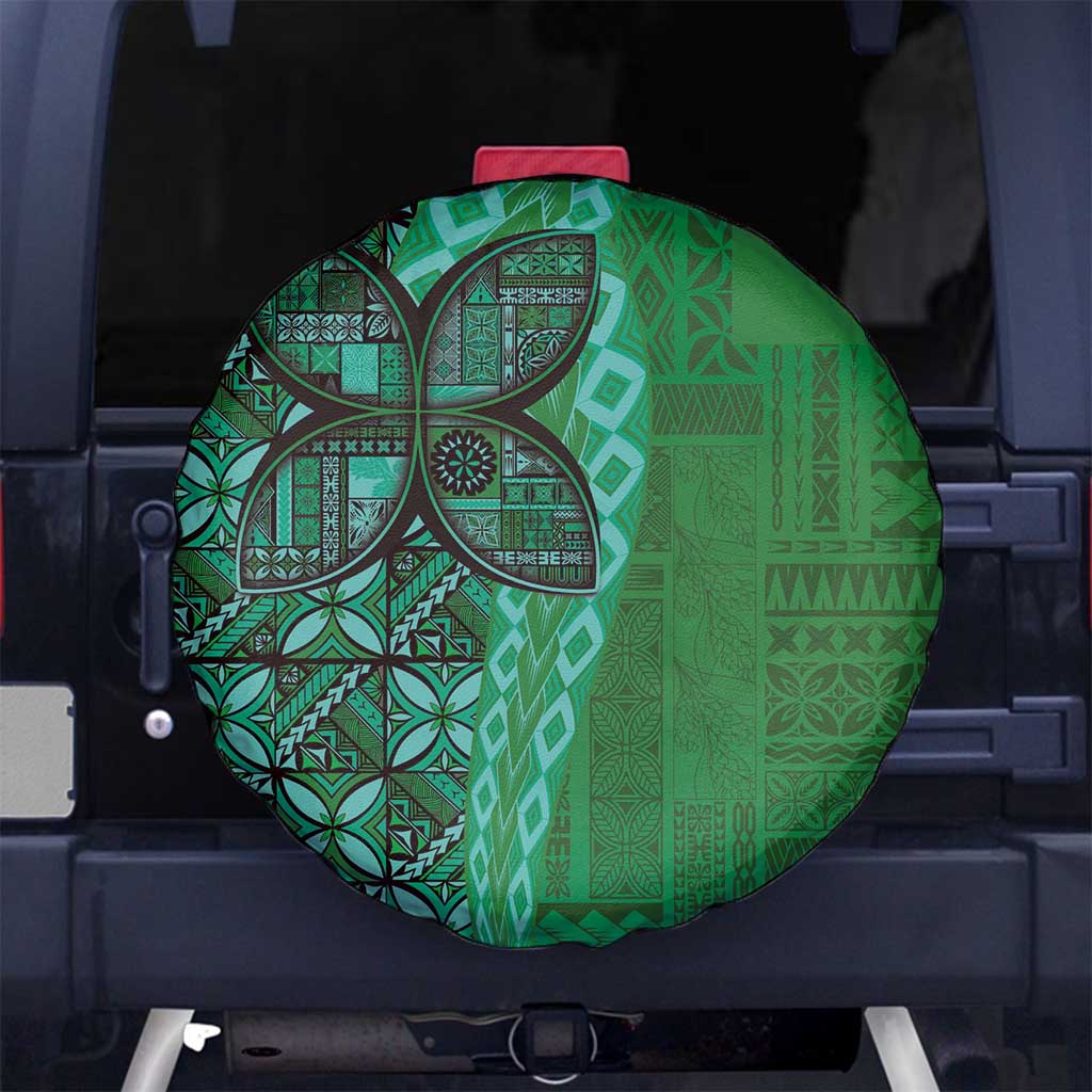 Samoan Pacific Tribal Flower Geometric Art Tattoos Spare Tire Cover Siapo Pattern Emerald Glow LT03 No hole Green - Polynesian Pride