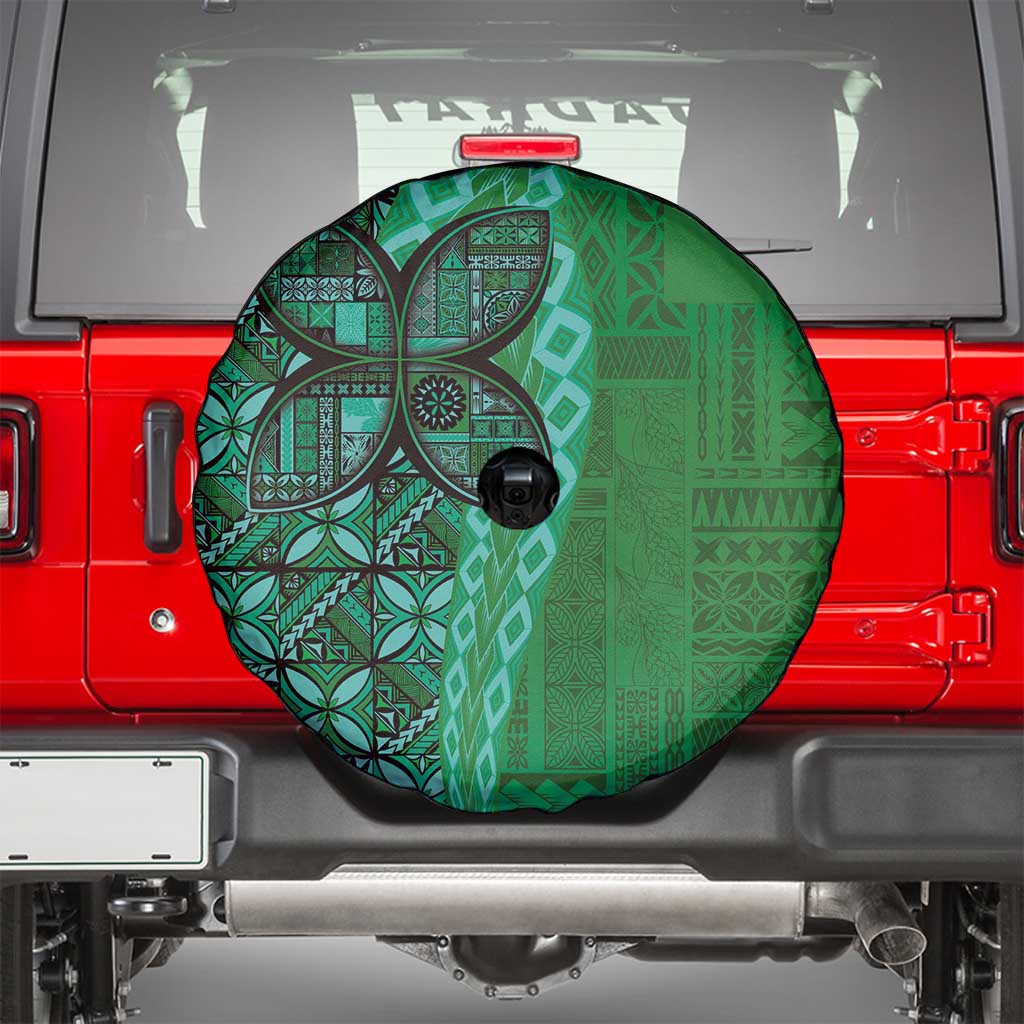 Samoan Pacific Tribal Flower Geometric Art Tattoos Spare Tire Cover Siapo Pattern Emerald Glow LT03 - Polynesian Pride