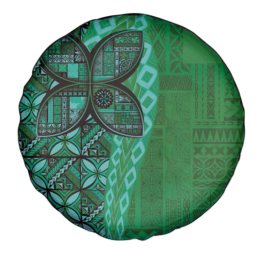 Samoan Pacific Tribal Flower Geometric Art Tattoos Spare Tire Cover Siapo Pattern Emerald Glow LT03 - Polynesian Pride