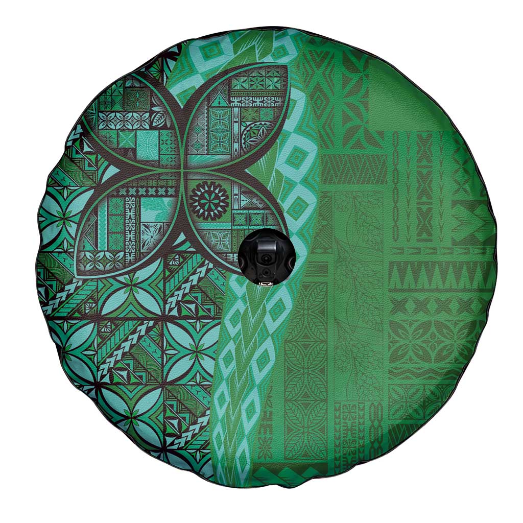 Samoan Pacific Tribal Flower Geometric Art Tattoos Spare Tire Cover Siapo Pattern Emerald Glow LT03 - Polynesian Pride