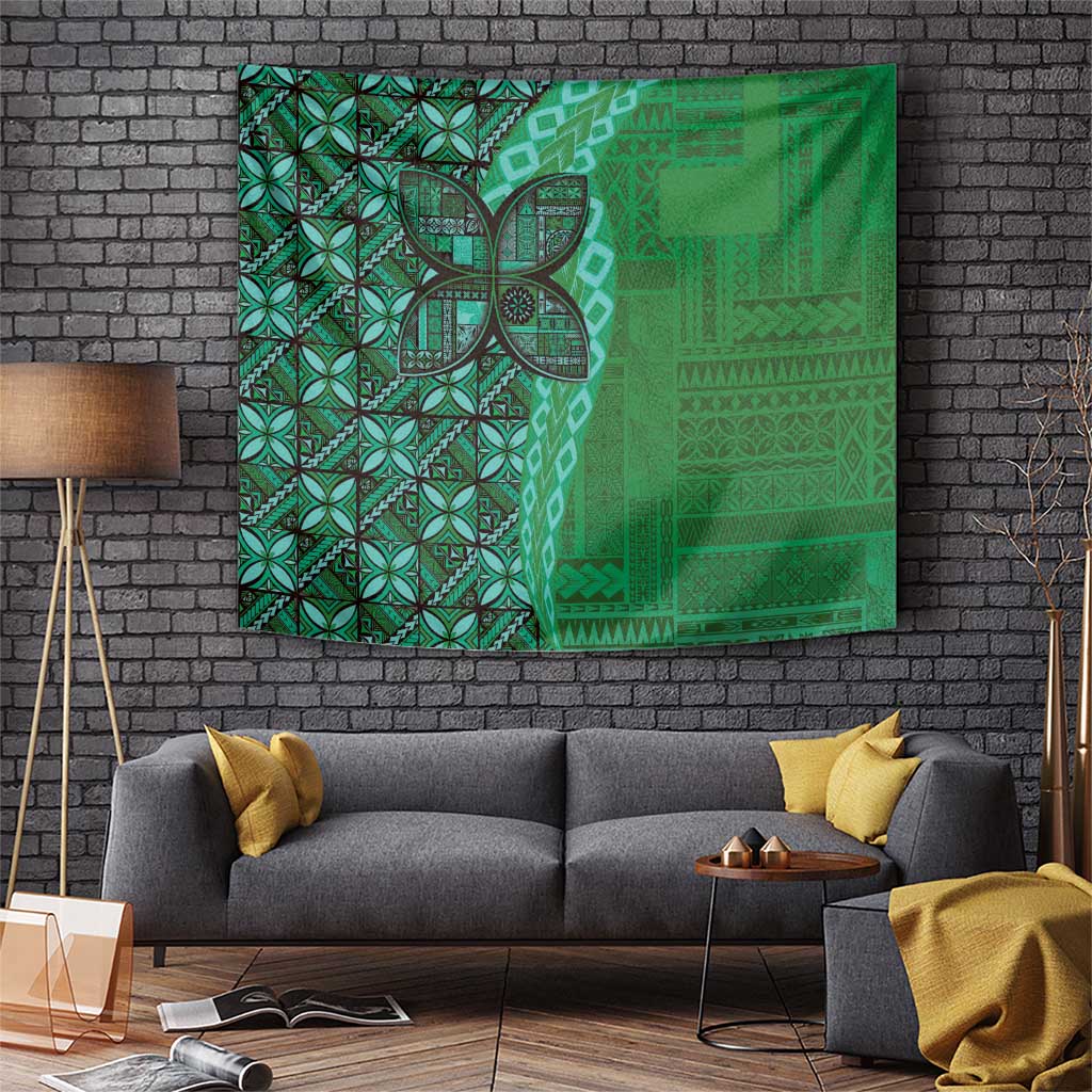 Samoan Pacific Tribal Flower Geometric Art Tattoos Tapestry Siapo Pattern Emerald Glow LT03 Green - Polynesian Pride