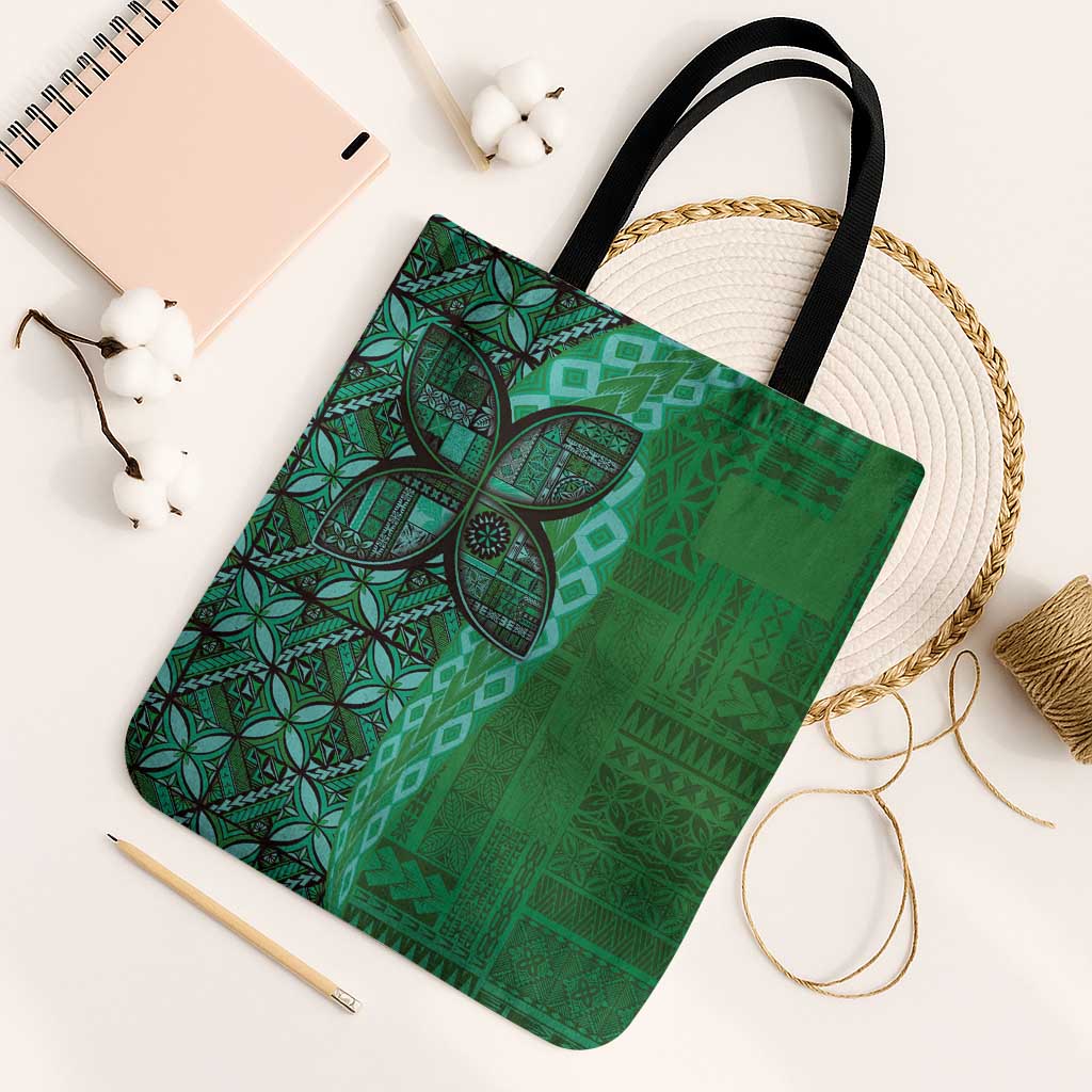 Samoan Pacific Tribal Flower Geometric Art Tattoos Tote Bag Siapo Pattern Emerald Glow LT03 One Size Green - Polynesian Pride