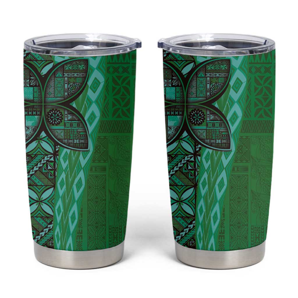 Samoan Pacific Tribal Flower Geometric Art Tattoos Tumbler Cup Siapo Pattern Emerald Glow - Polynesian Pride