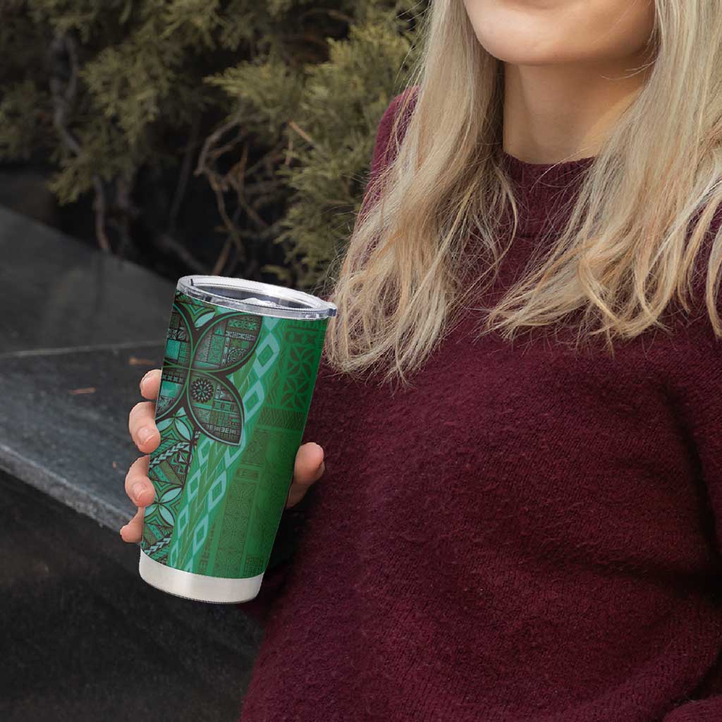 Samoan Pacific Tribal Flower Geometric Art Tattoos Tumbler Cup Siapo Pattern Emerald Glow - Polynesian Pride