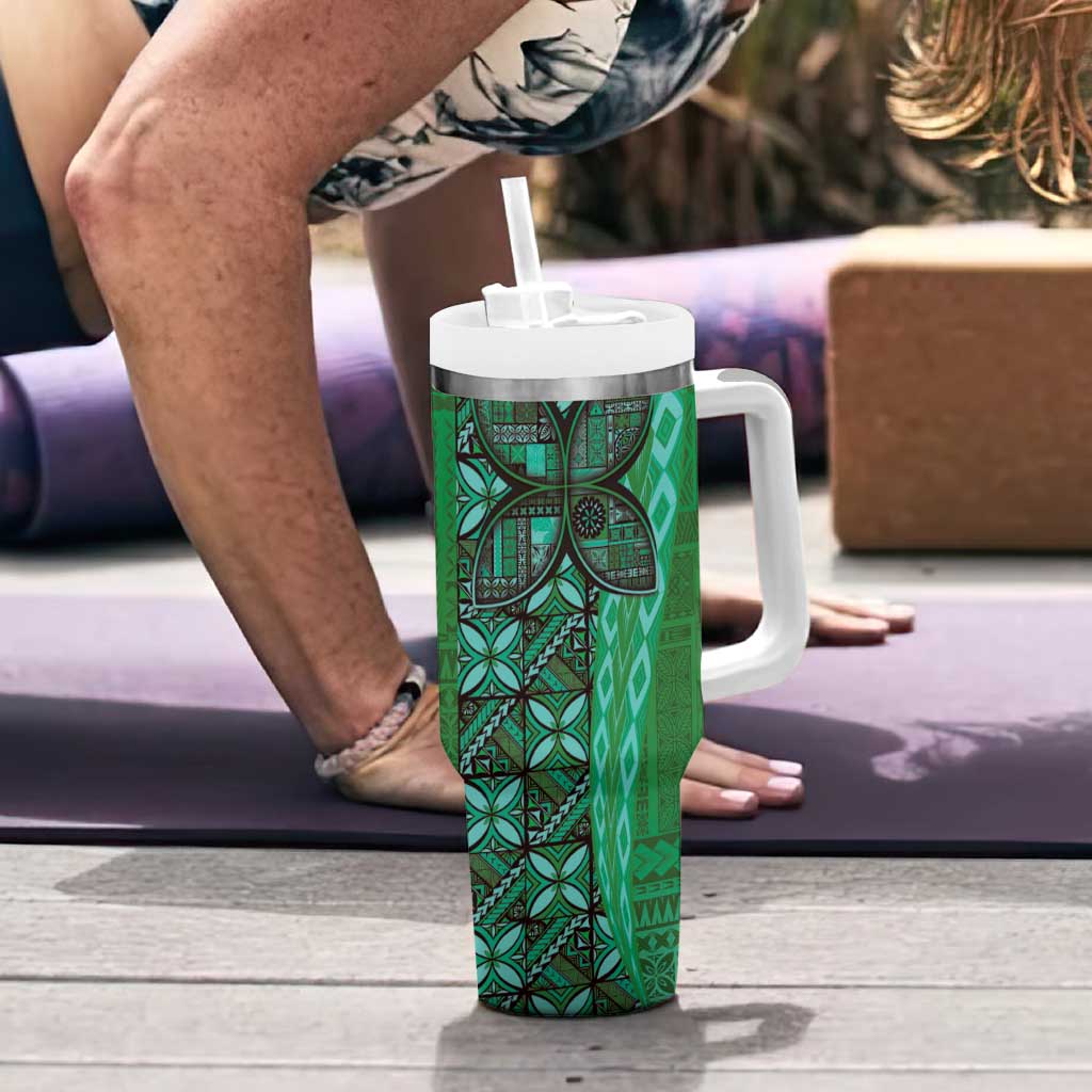 Samoan Pacific Tribal Flower Geometric Art Tattoos Tumbler With Handle Siapo Pattern Emerald Glow - Polynesian Pride
