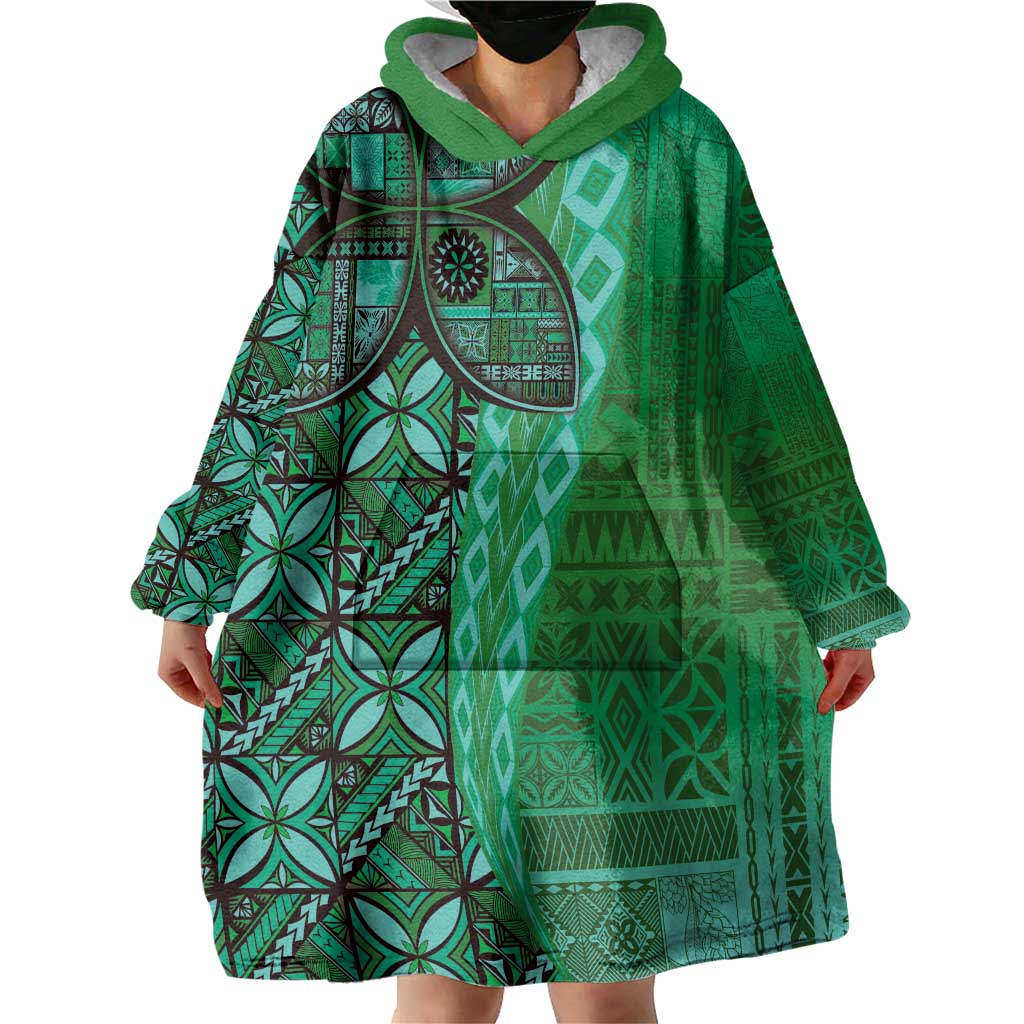Samoan Pacific Tribal Flower Geometric Art Tattoos Wearable Blanket Hoodie Siapo Pattern Emerald Glow - Polynesian Pride