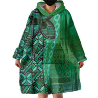 Samoan Pacific Tribal Flower Geometric Art Tattoos Wearable Blanket Hoodie Siapo Pattern Emerald Glow - Polynesian Pride