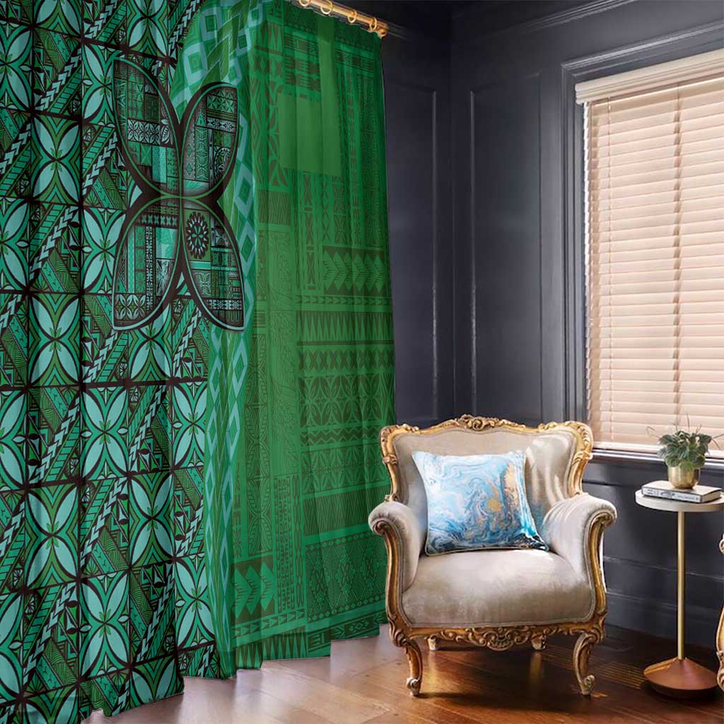 Samoan Pacific Tribal Flower Geometric Art Tattoos Window Curtain Siapo Pattern Emerald Glow - Polynesian Pride