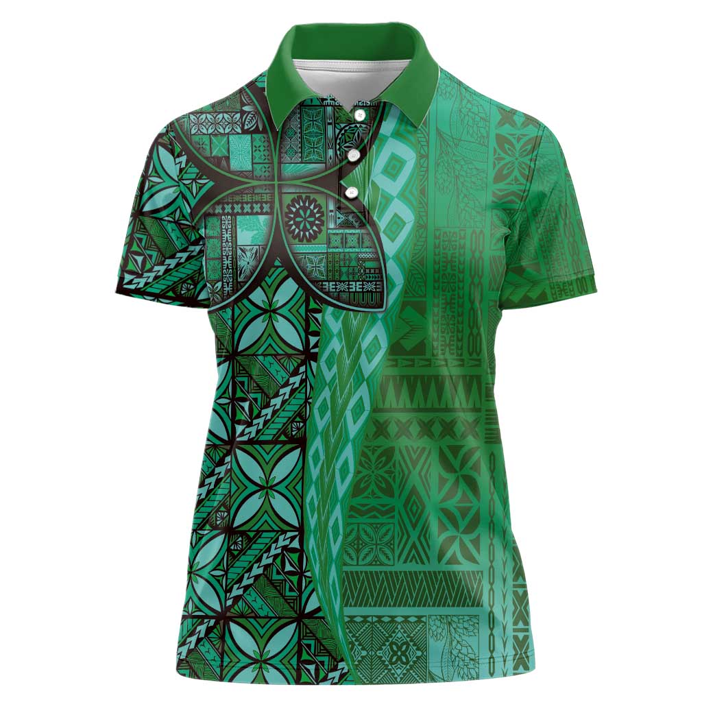 Samoan Pacific Tribal Flower Geometric Art Tattoos Women Polo Shirt Siapo Pattern Emerald Glow - Polynesian Pride