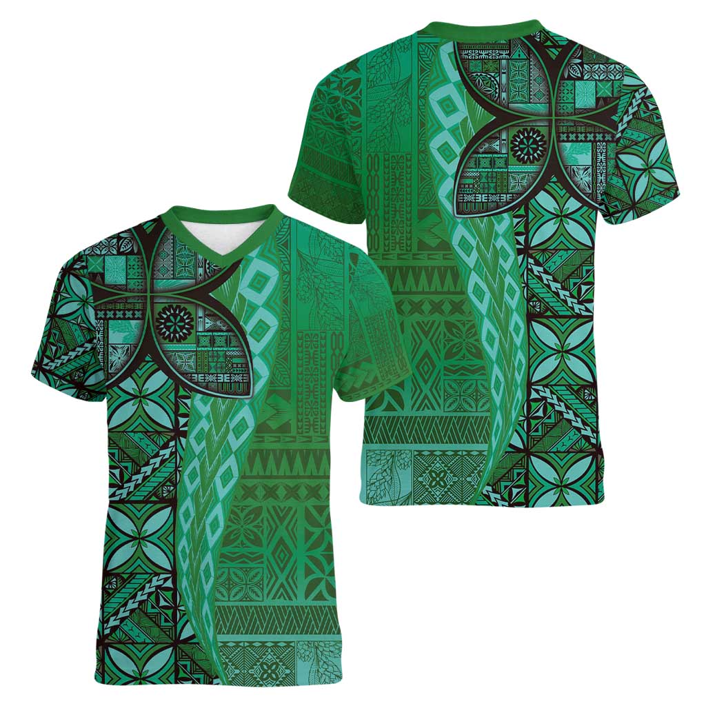 Samoan Pacific Tribal Flower Geometric Art Tattoos Women V-Neck T-Shirt Siapo Pattern Emerald Glow - Polynesian Pride