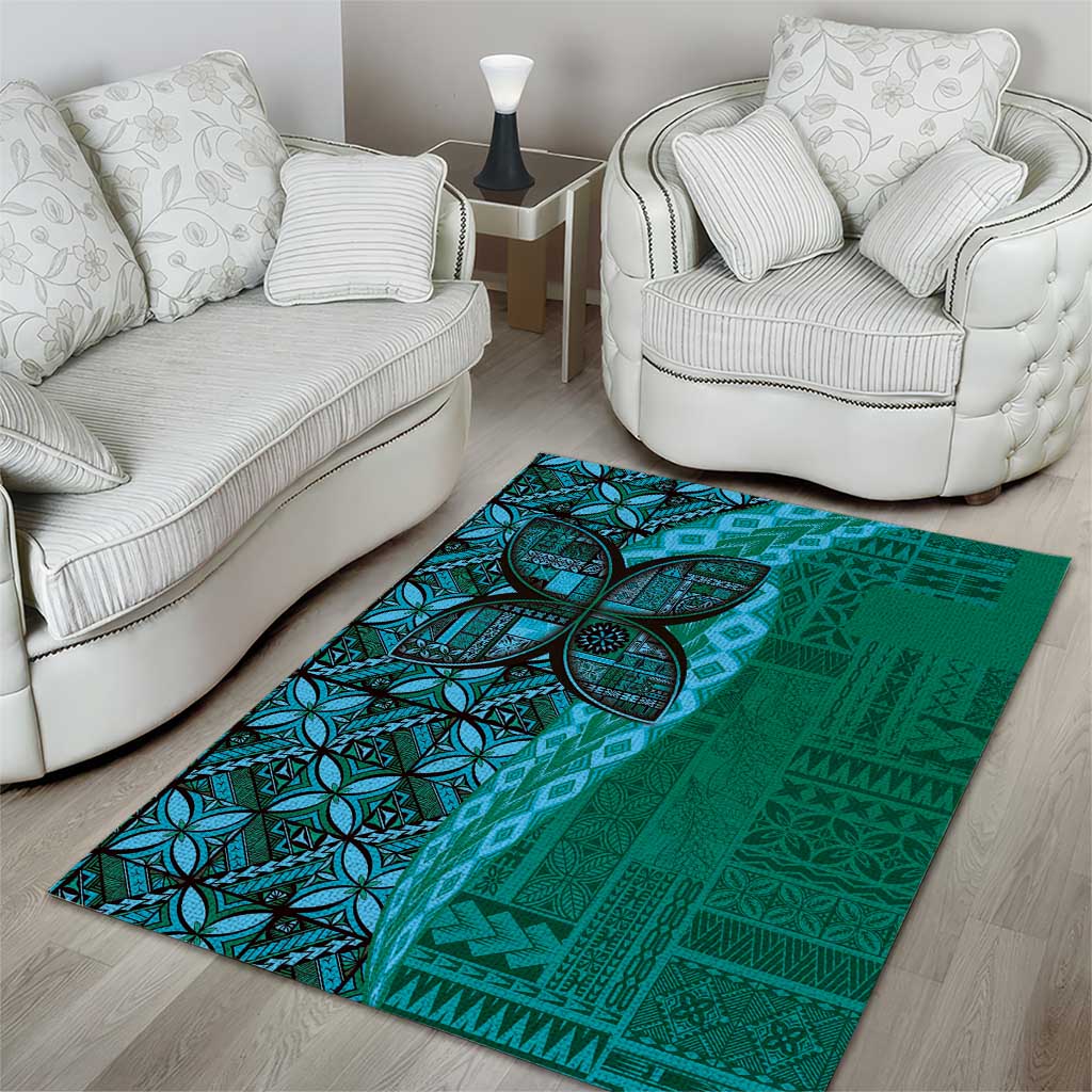 Samoan Pacific Tribal Flower Geometric Art Tattoos Area Rug Siapo Pattern Turquoise Tide - Polynesian Pride