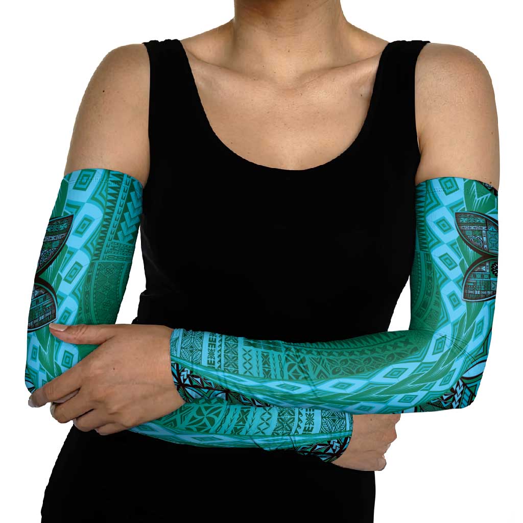 Samoan Pacific Tribal Flower Geometric Art Tattoos Arm Sleeves Siapo Pattern Turquoise Tide - Polynesian Pride