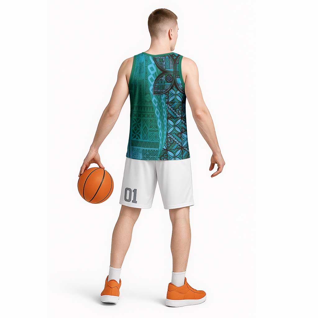 Samoan Pacific Tribal Flower Geometric Art Tattoos Basketball Jersey Siapo Pattern Turquoise Tide LT03 - Polynesian Pride