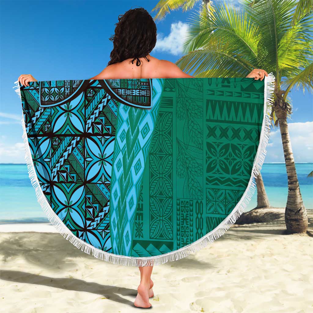 Samoan Pacific Tribal Flower Geometric Art Tattoos Beach Blanket Siapo Pattern Turquoise Tide - Polynesian Pride
