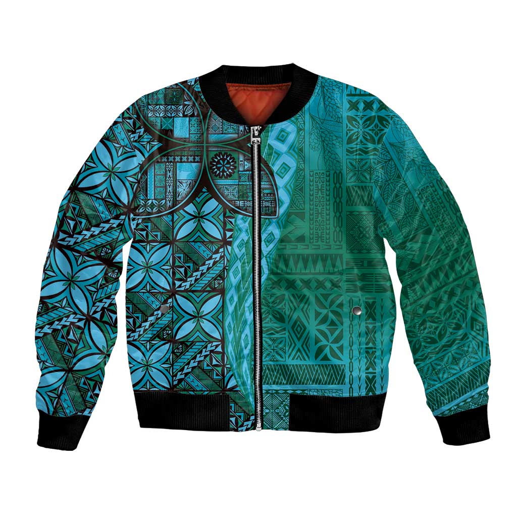 Samoan Pacific Tribal Flower Geometric Art Tattoos Bomber Jacket Siapo Pattern Turquoise Tide LT03 Unisex Turquoise - Polynesian Pride