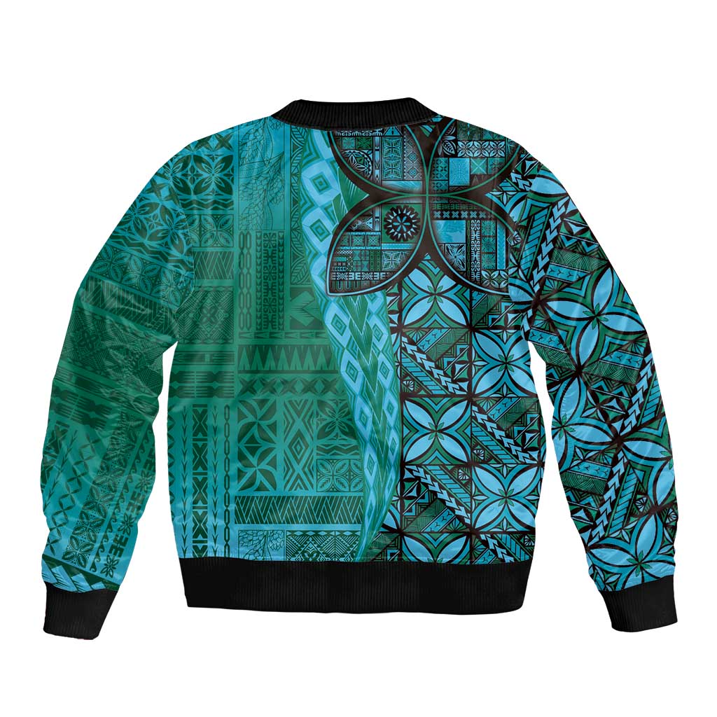 Samoan Pacific Tribal Flower Geometric Art Tattoos Bomber Jacket Siapo Pattern Turquoise Tide - Polynesian Pride