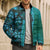 Samoan Pacific Tribal Flower Geometric Art Tattoos Bomber Puffer Jacket Siapo Pattern Turquoise Tide - Polynesian Pride