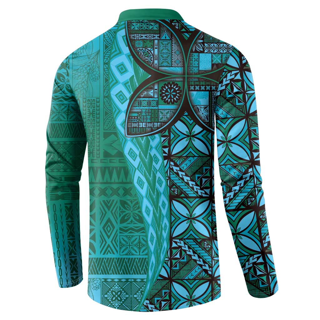 Samoan Pacific Tribal Flower Geometric Art Tattoos Button Sweatshirt Siapo Pattern Turquoise Tide - Polynesian Pride