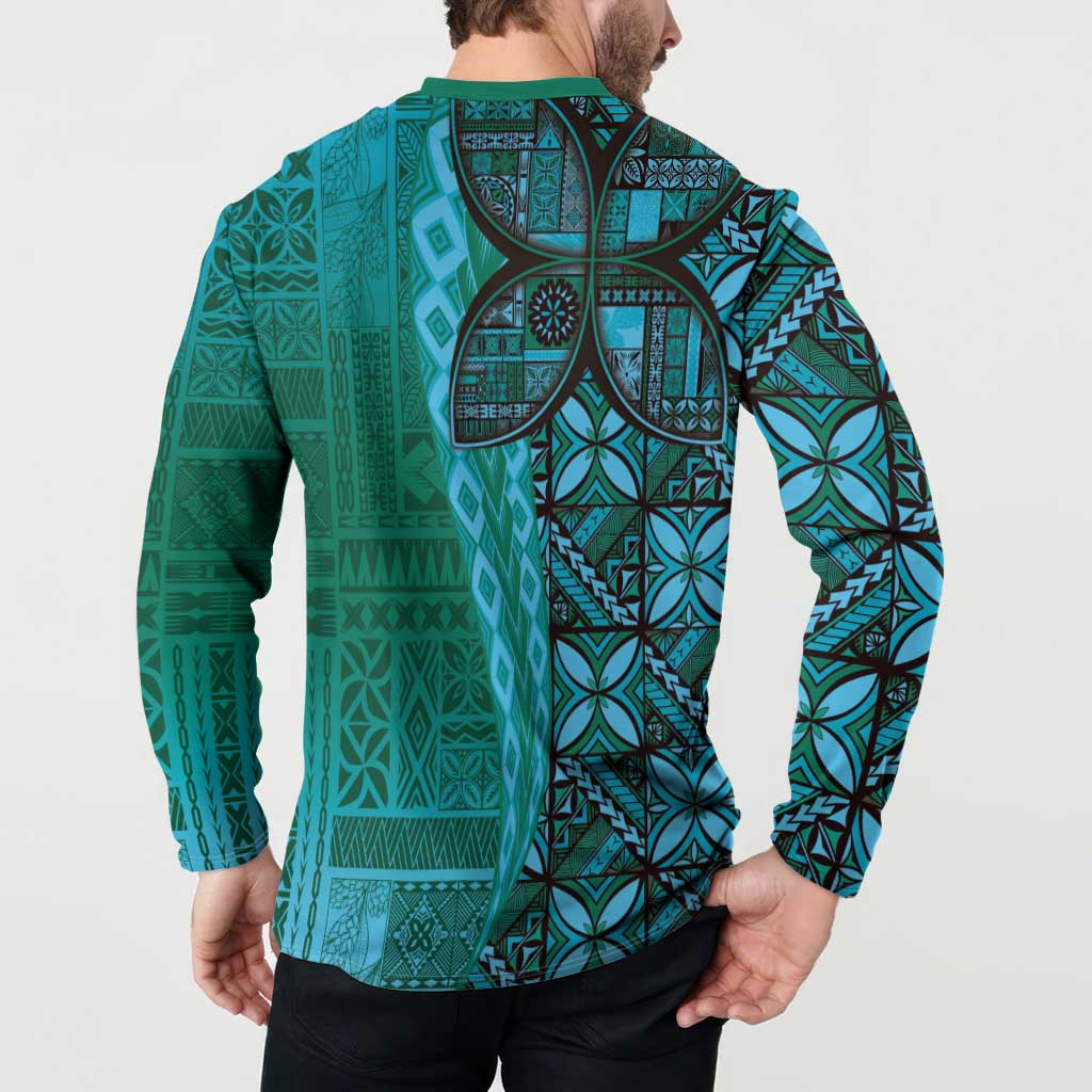 Samoan Pacific Tribal Flower Geometric Art Tattoos Button Sweatshirt Siapo Pattern Turquoise Tide - Polynesian Pride