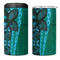 Samoan Pacific Tribal Flower Geometric Art Tattoos 4 in 1 Can Cooler Tumbler Siapo Pattern Turquoise Tide - Polynesian Pride