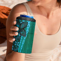 Samoan Pacific Tribal Flower Geometric Art Tattoos 4 in 1 Can Cooler Tumbler Siapo Pattern Turquoise Tide - Polynesian Pride
