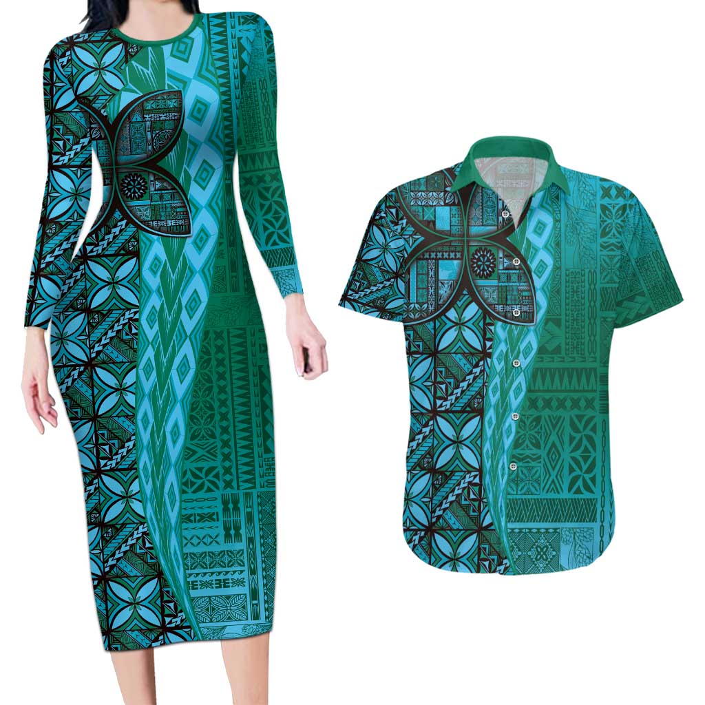Samoan Pacific Tribal Flower Geometric Art Tattoos Couples Matching Long Sleeve Bodycon Dress and Hawaiian Shirt Siapo Pattern Turquoise Tide - Polynesian Pride