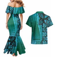 Samoan Pacific Tribal Flower Geometric Art Tattoos Couples Matching Mermaid Dress and Hawaiian Shirt Siapo Pattern Turquoise Tide - Polynesian Pride