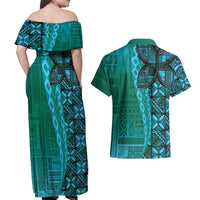 Samoan Pacific Tribal Flower Geometric Art Tattoos Couples Matching Off Shoulder Maxi Dress and Hawaiian Shirt Siapo Pattern Turquoise Tide - Polynesian Pride