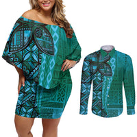 Samoan Pacific Tribal Flower Geometric Art Tattoos Couples Matching Off Shoulder Short Dress and Long Sleeve Button Shirt Siapo Pattern Turquoise Tide - Polynesian Pride