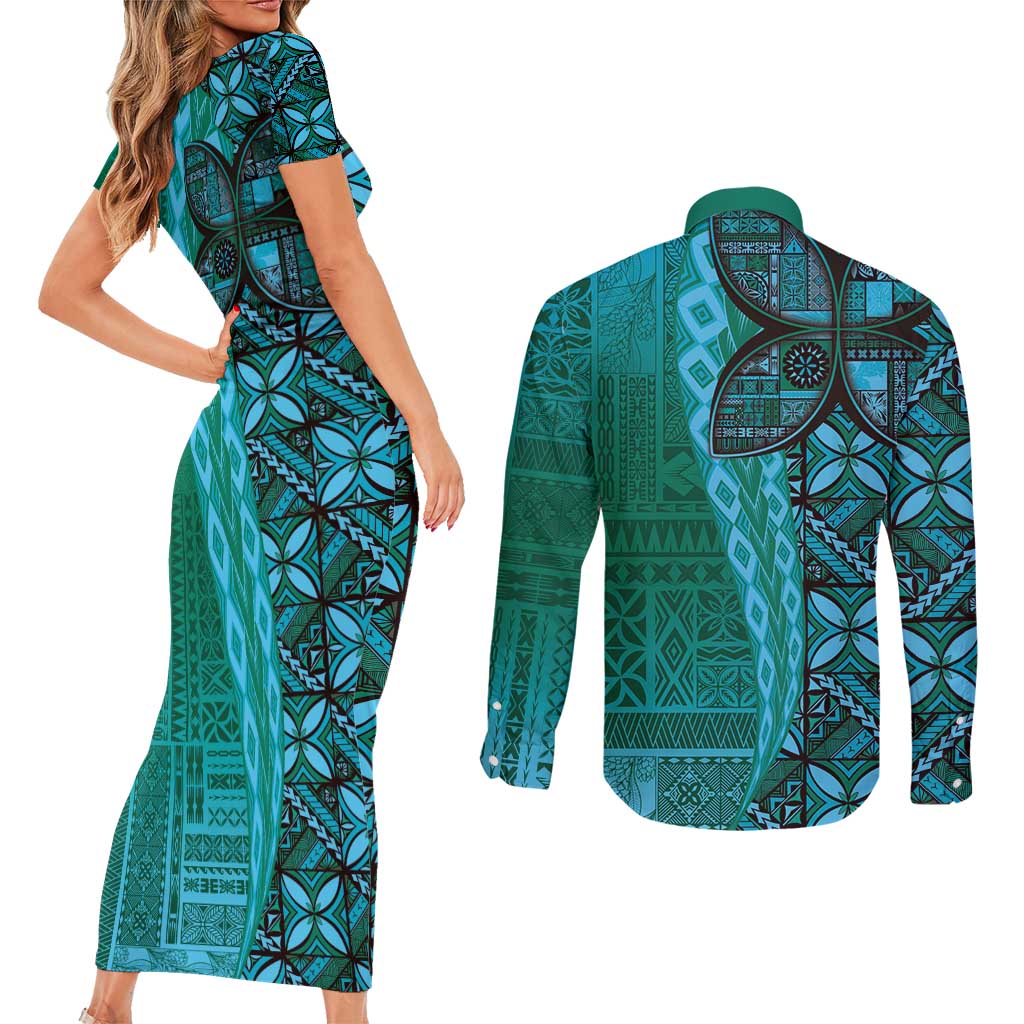 Samoan Pacific Tribal Flower Geometric Art Tattoos Couples Matching Short Sleeve Bodycon Dress and Long Sleeve Button Shirt Siapo Pattern Turquoise Tide - Polynesian Pride