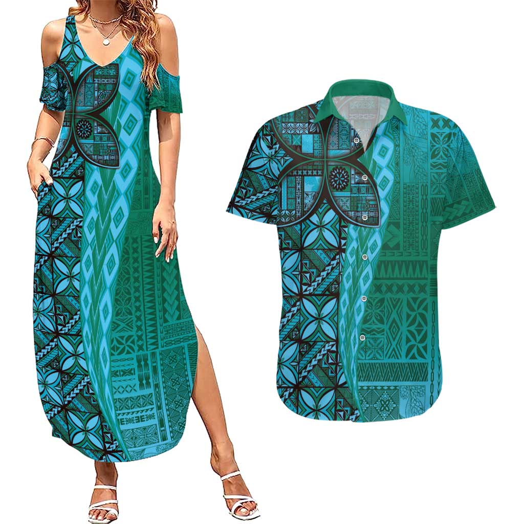 Samoan Pacific Tribal Flower Geometric Art Tattoos Couples Matching Summer Maxi Dress and Hawaiian Shirt Siapo Pattern Turquoise Tide - Polynesian Pride